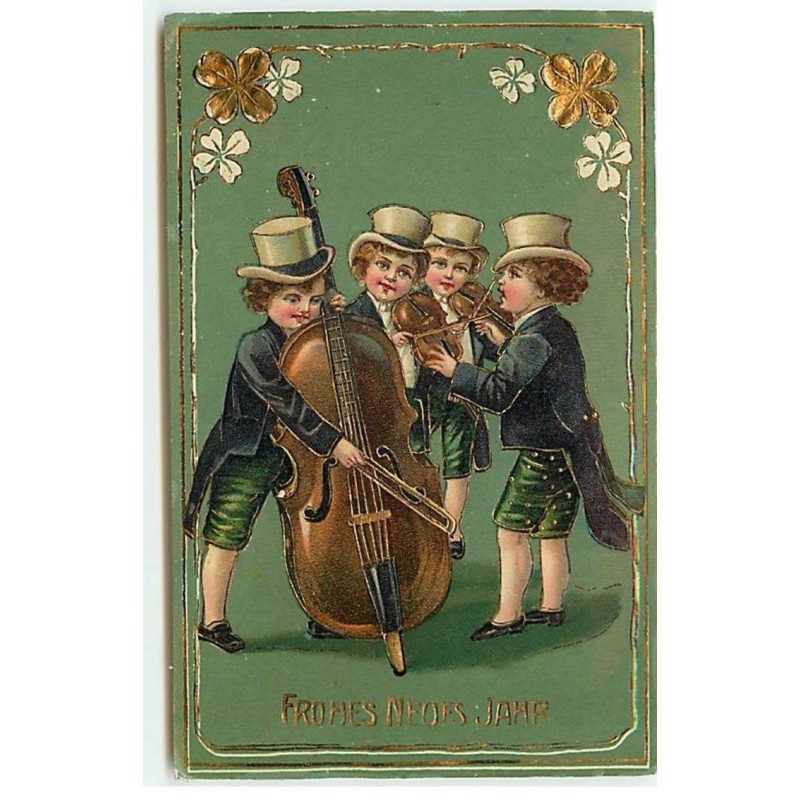 n°21879 - Frohes Neues Jahr - Garçons portant des queues de pie, jouant de la musique