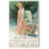 n°21883 - Fröhliche Weihnachten - Ange gardien tirant un petit chariot rempli de jouets, dont une poupée