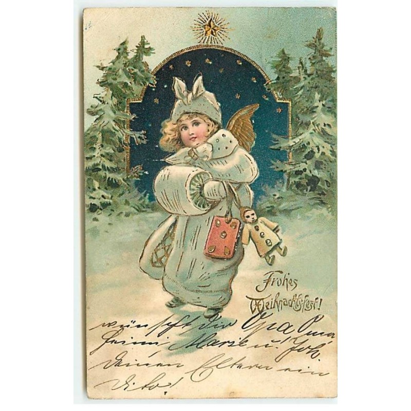 n°21886 - Carte Gaufrée - Fröhes Weihnachtsfest - Ange portant un manteau, et une poupée marchant dans le nuit enneigée