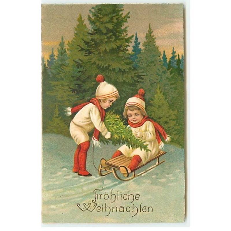 n°21887- Fröhliche Weihnachten - Enfants portant un sapin, la fillette assise sur une luge