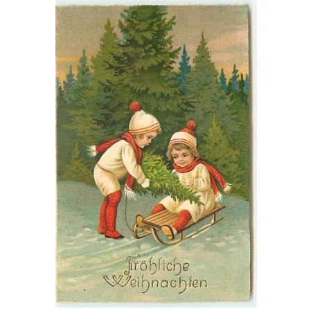 n°21887- Fröhliche Weihnachten - Enfants portant un sapin, la fillette assise sur une luge
