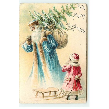 n°21890 - Carte Gaufrée - A Merry Christmas - Fillette avec une luge regardant un Père Noël