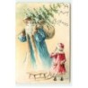 n°21890 - Carte Gaufrée - A Merry Christmas - Fillette avec une luge regardant un Père Noël