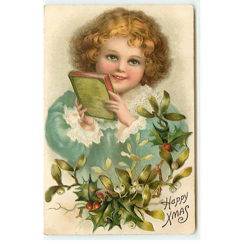 n°21891 - Carte Gaufrée - Happy Xmas - Fillette tenant un livre, houx et gui