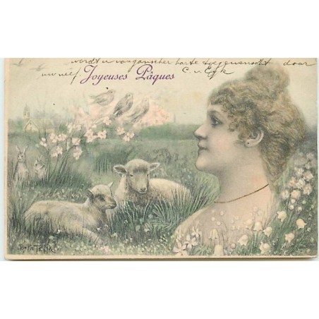 n°11371 - Carte Illustrateur - B. Patella - Joyeuses Pâques - Femme et Moutons
