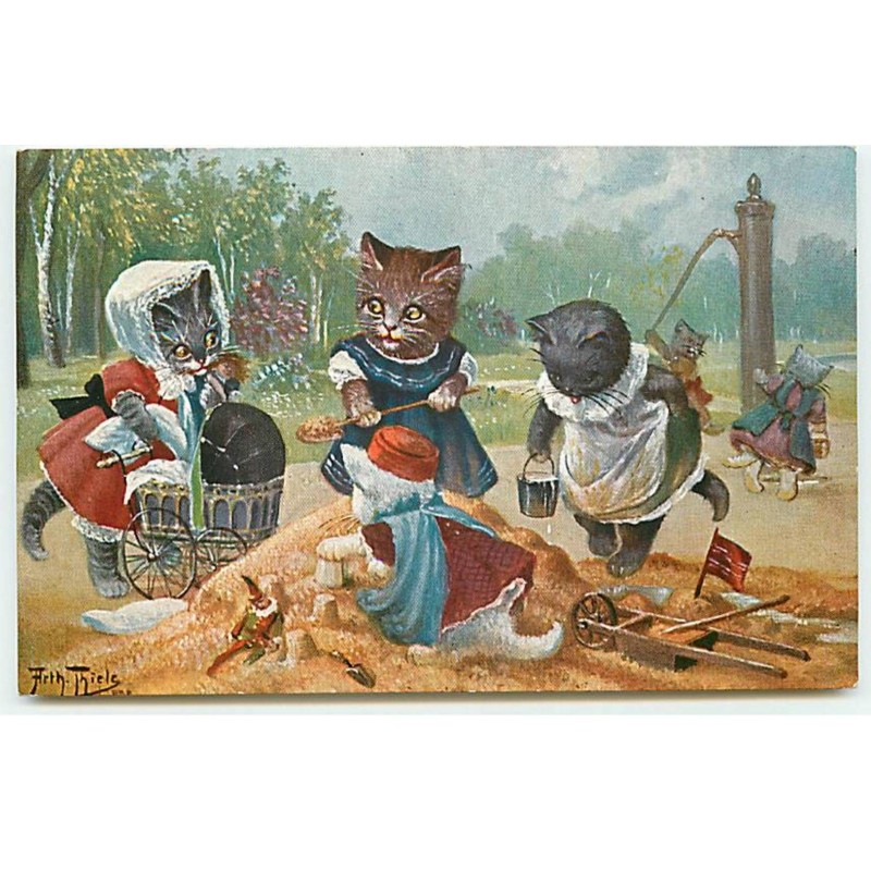 n°21905 - Arthur Thiele - Chats habillés faisant un chateau de sable dans un parc