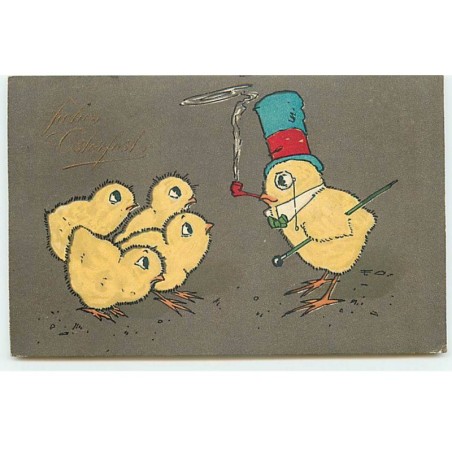 n°21909 - Frohes Osterfest - Baumgarten ? - Poussins, l'un fumant portant un chapeau et une canne