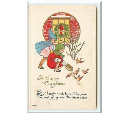 n°2191 - Carte Gaufrée - A Happy Christmas - Enfants donnant à manger à des oiseaux