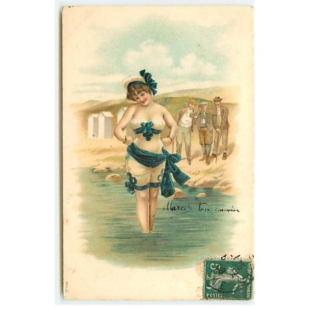 n°21919 - Carte Gaufrée - Hommes regardant une baigneuse