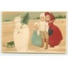 n°21925 - Carte Gaufrée - Flatscher -  Enfants près d'un bonhomme de neige portant un sapin et d'une luge