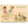 n°21935- Carte Gaufrée - Joyeuses Pâques - Fillettes regardant des poussins