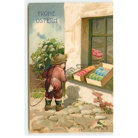 n°21942 - Carte Gaufrée - Frohe Ostern - Garçon regardant des oeufs colorés dans des caisses sur un bord de fenêtre