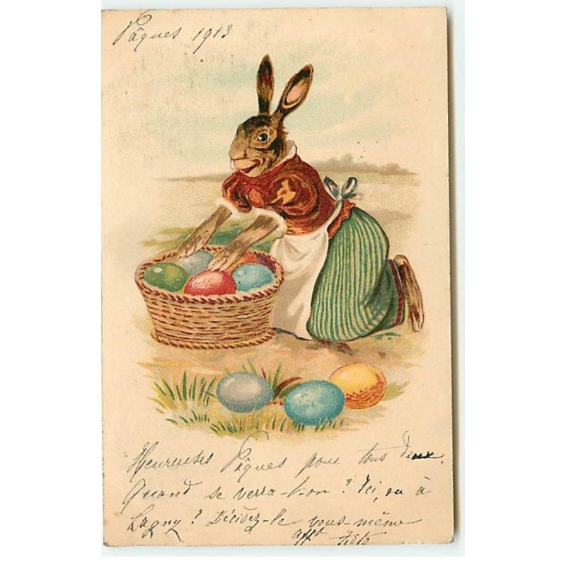 n°21943 - Lièvre habillé rangeant des oeufs dans un panier