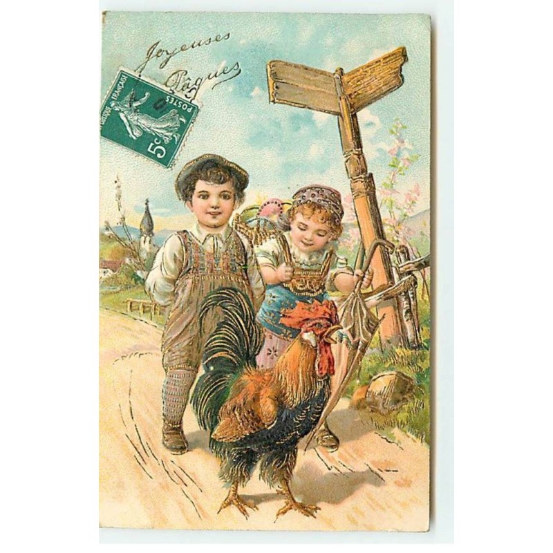 n°21945 - Carte Gaufrée - Enfants, dont la fille portant des oeufs dans une hotte suivant un coq
