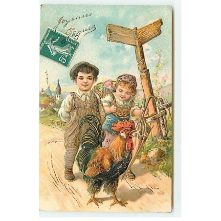 n°21945 - Carte Gaufrée - Enfants, dont la fille portant des oeufs dans une hotte suivant un coq
