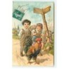 n°21945 - Carte Gaufrée - Enfants, dont la fille portant des oeufs dans une hotte suivant un coq