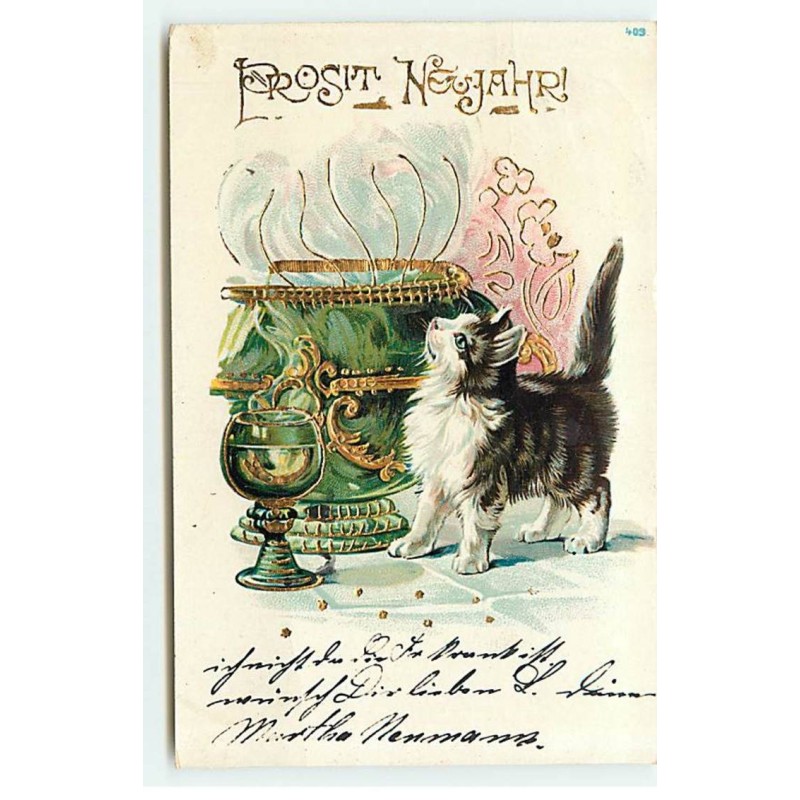 n°21946 - Carte Gaufrée - Prosit Neujahr ! - Chat autour d'une soupière