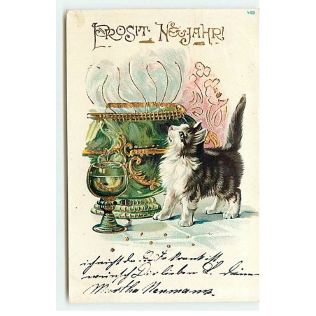 n°21946 - Carte Gaufrée - Prosit Neujahr ! - Chat autour d'une soupière