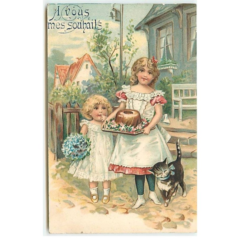 n°21950 - Carte Gaufrée - Fillettes, l'une portant un gâteau, un chat se frottant à ses jambes