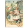 n°21950 - Carte Gaufrée - Fillettes, l'une portant un gâteau, un chat se frottant à ses jambes