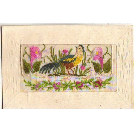n°21952 - Carte Brodée avec rabat - Oiseau au milieu de fleurs