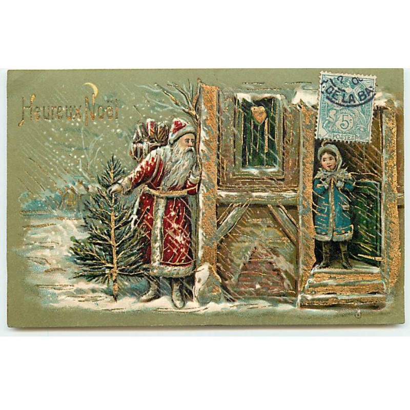n°21970 - Carte Gaufrée - Heureux Noël - Père Noël apportant un sapin, et se cachant près d'une maison