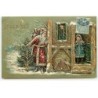 n°21970 - Carte Gaufrée - Heureux Noël - Père Noël apportant un sapin, et se cachant près d'une maison
