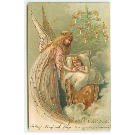 n°21975 - Carte Gaufrée - Veselé Vanoce - Ange gardien près d'une enfant dormant