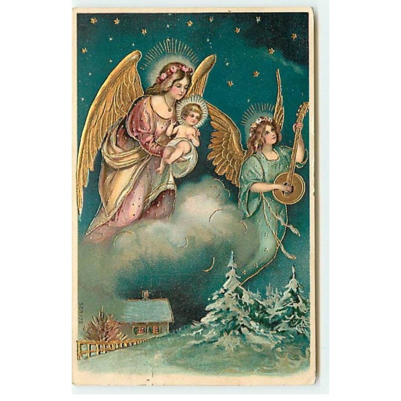 n°21979 - Carte Gaufrée - Anges gardiens, l'un portant un enfant, un autre jouant du banjo