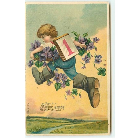 n°21983 - Carte Gaufrée - Bonne Année - Garçon portant des bottes de sept lieues, lançant des violettes