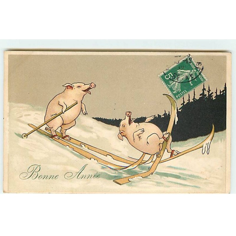 n°21984 - Bonne Année - Cochons sur des skis