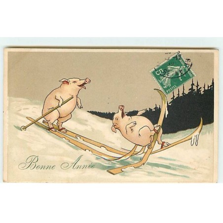 n°21984 - Bonne Année - Cochons sur des skis
