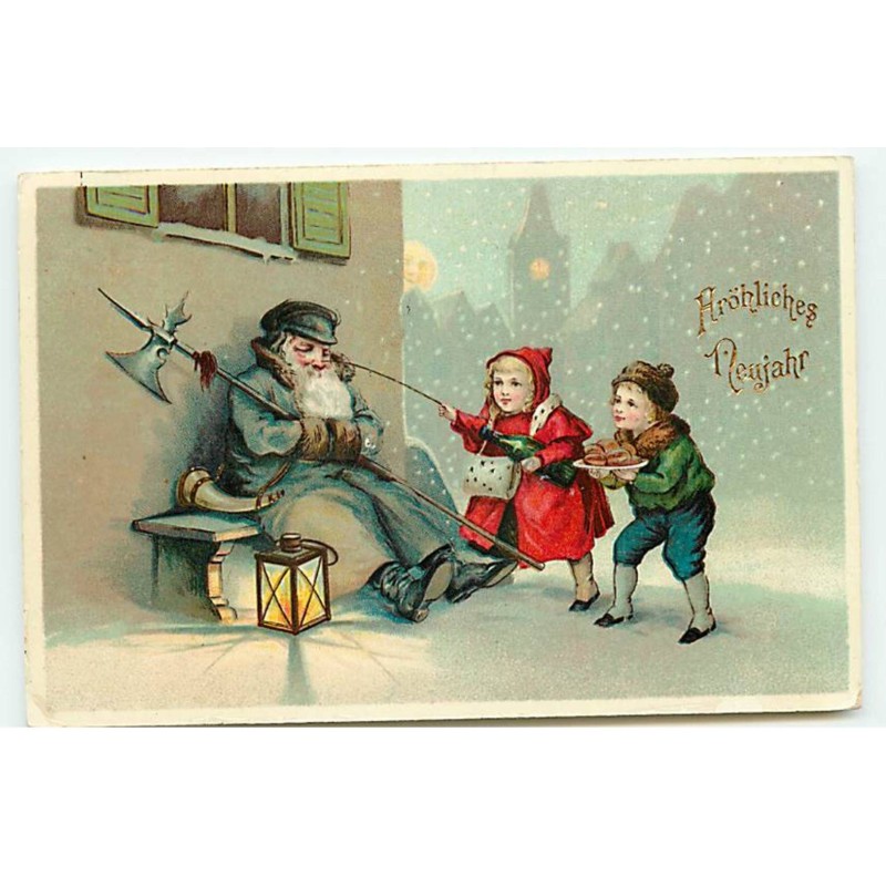 n°21987 - Fröhliche Neujahr - Enfants embêtant un vieux veilleur de nuit dormant