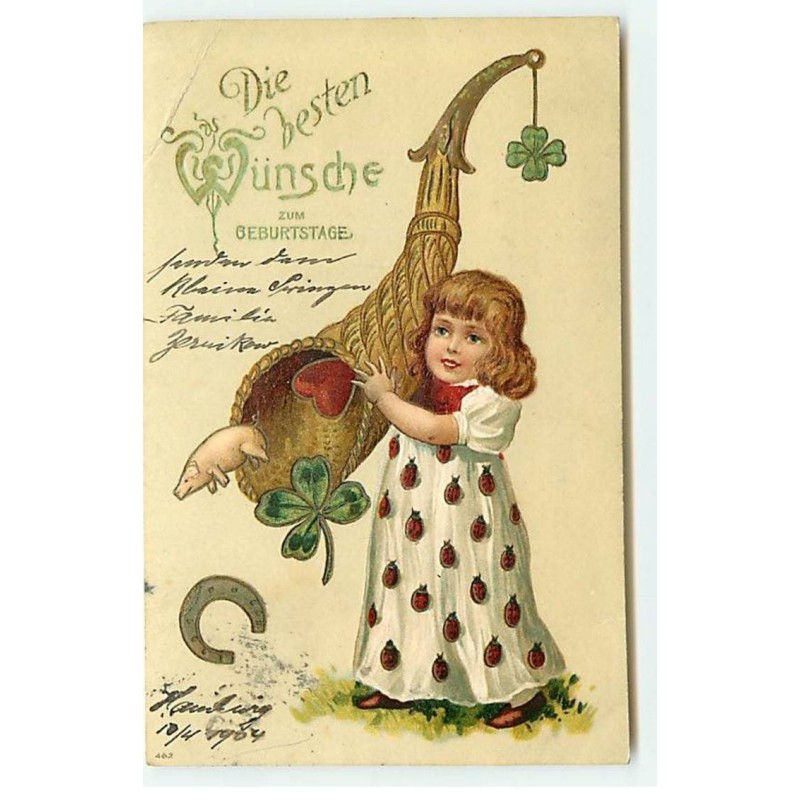 n°21999 - Carte Gaufrée - Fillette vidant une corne d'abondance, portes-bonheur - cochon