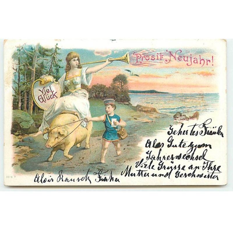 n°22021 - Viel Glück Prosit Neujahr ! - Jeune fille assise sur le dos d'un cochon