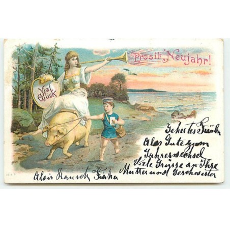 n°22021 - Viel Glück Prosit Neujahr ! - Jeune fille assise sur le dos d'un cochon