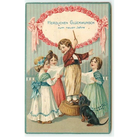 n°22024 - Carte Gaufrée - Herzlichen Glückwunsch zum neuen Jahre - Garçon, jeunes filles et un teckel