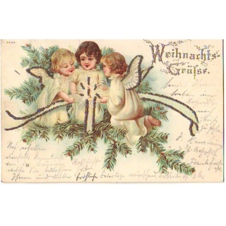 n°22026 - Weihnachts Grüss - Anges mettant un ruban autour d'une branche de sapin - Carte avec paillettes