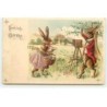 n°22038 - Fröhliche Ostern - Deux lapins, l'un prenant en photo l'autre - Lapins habillés