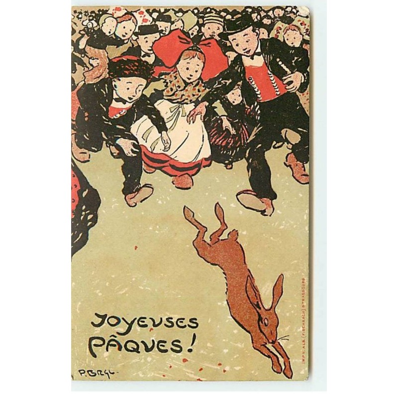 n°22040 - Joyeuses Pâques - Petits Alsaciens courant après un lièvre