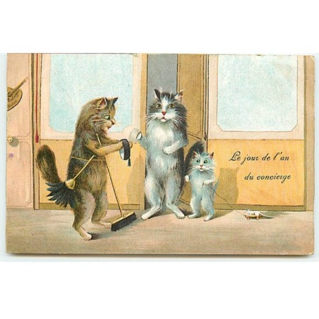 n°22045 - M. Boulanger - Le jour de l'an du Concierge - Chats dont l'un tenant un balai - Cat