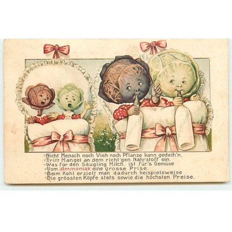 n°22047 - Bébés avec des têtes de chou dans des nids d'anges, dont deux tenant un biberon - surréalisme