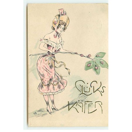 n°22063 - Glücks Käfer - HB - Jeune femme tenant une branche avec des coccinelles dessus
