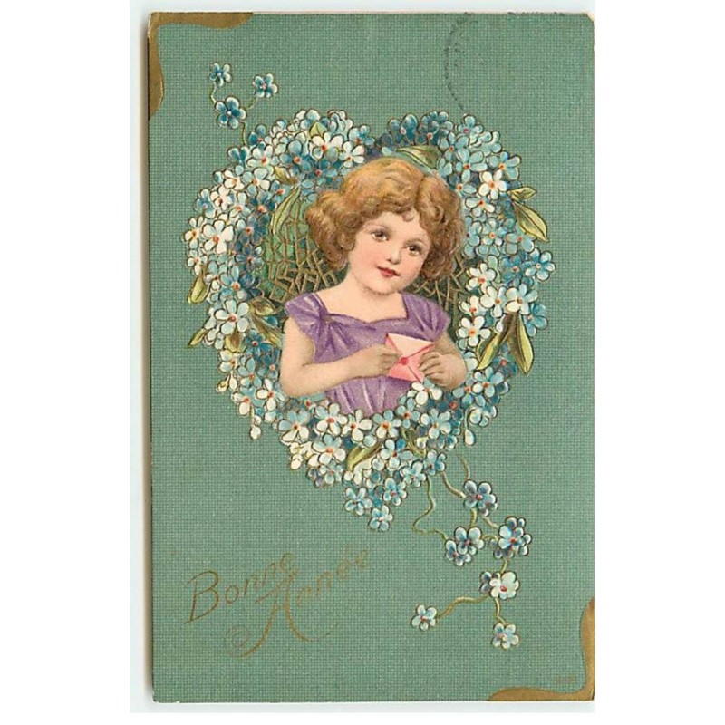 n°22065 - Carte Gaufrée - Bonne Année - Fillette tenant une lettre dans un coeur en myosotis