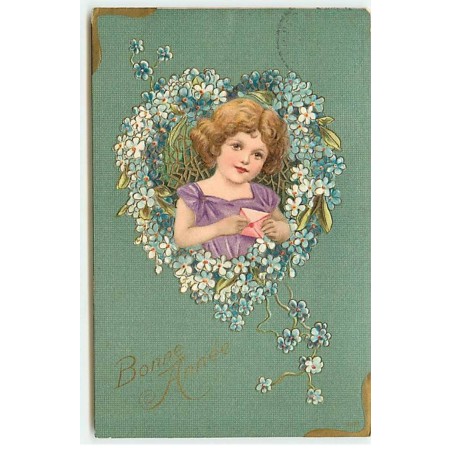 n°22065 - Carte Gaufrée - Bonne Année - Fillette tenant une lettre dans un coeur en myosotis