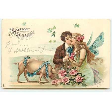 n°22069 - Carte Gaufrée - Prosit Neujahr - Couple s'embrassant, près d'un cochon
