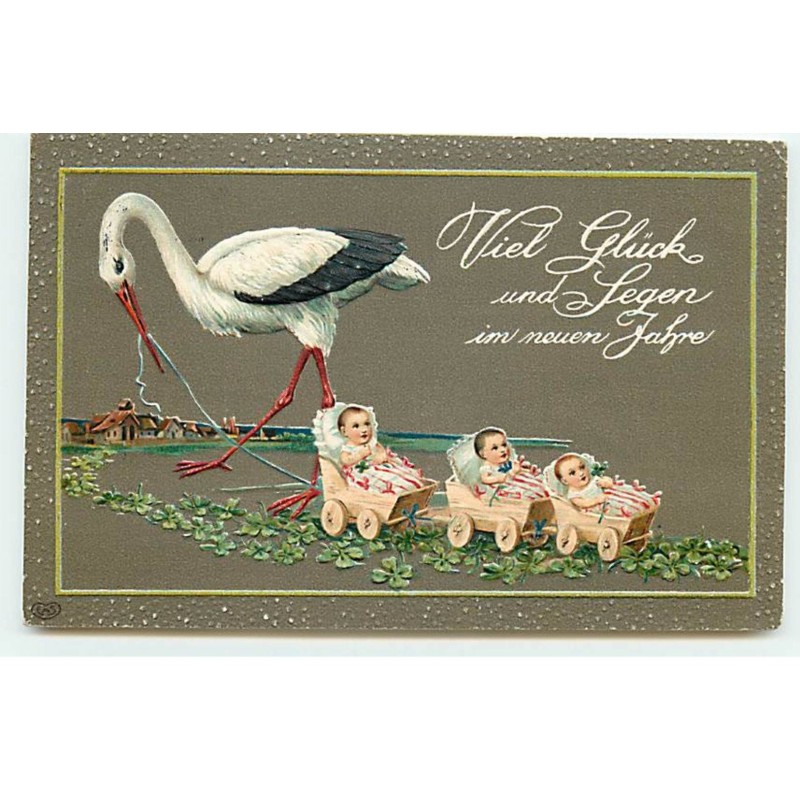 n°22070 - Carte Gaufrée - Viel Glück und Legen im Neuen Jahre - Cigogne tirant des bébés dans leurs landaus