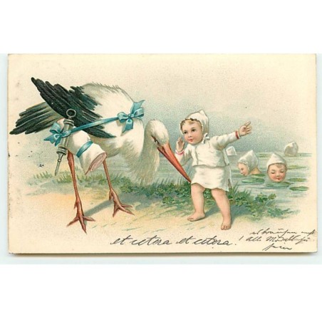 n°22072 - Carte Gaufrée - Bébé parlant à une cigogne