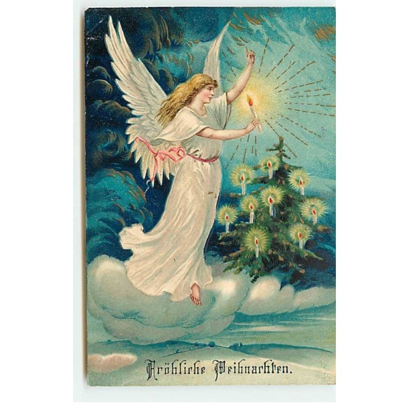 n°22075 - Carte Gaufrée - Frohliche Weihnachten - Ange gardien mettant des bougies dans un sapin