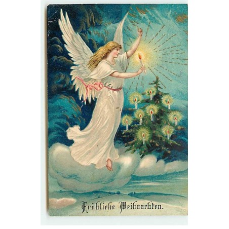 n°22075 - Carte Gaufrée - Frohliche Weihnachten - Ange gardien mettant des bougies dans un sapin